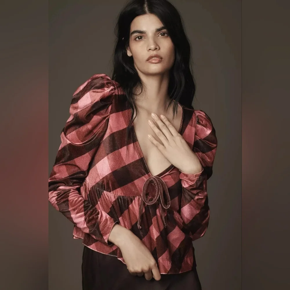 Anthropologie Maeve Velvet Babydoll Top In Pink Rose NWOT - Picture 1 of 4